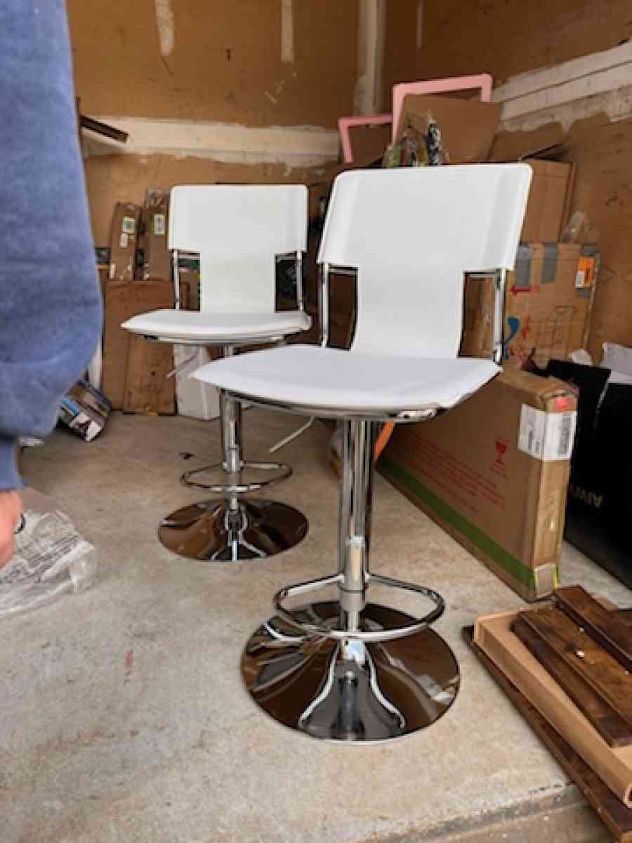 Adjustable White Leather Bar Stools