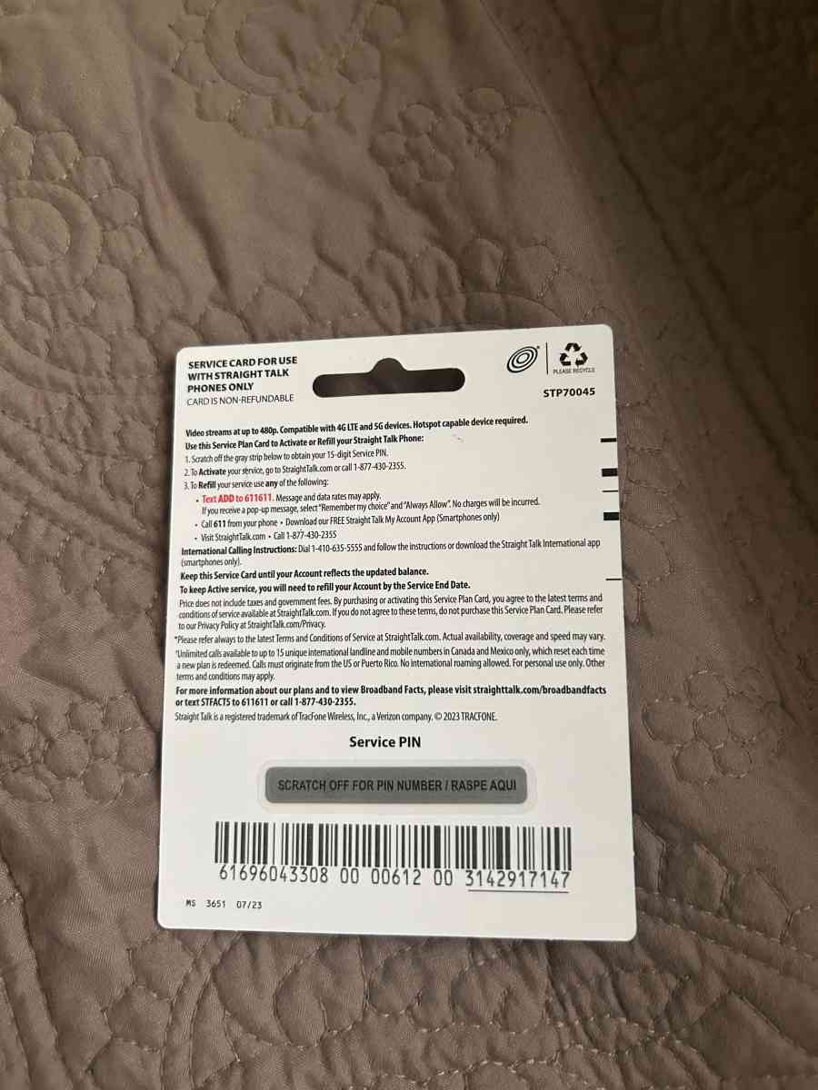 STRAIGHT TALK UNLIMITED SERVICE CARD FOR 30 DAYS