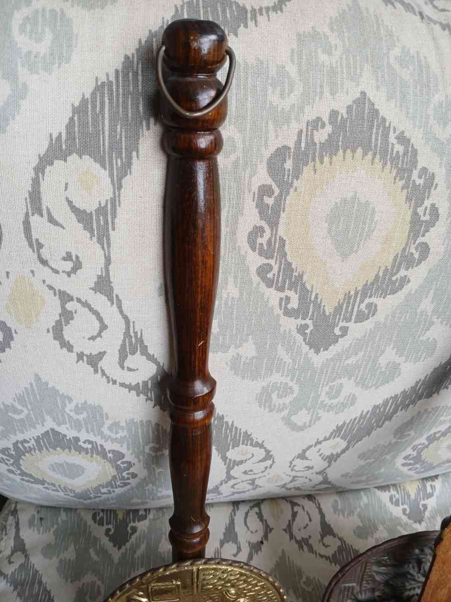 2 Vintage Bed Warmers Wall Pocket English Pub Scene Brass Wo