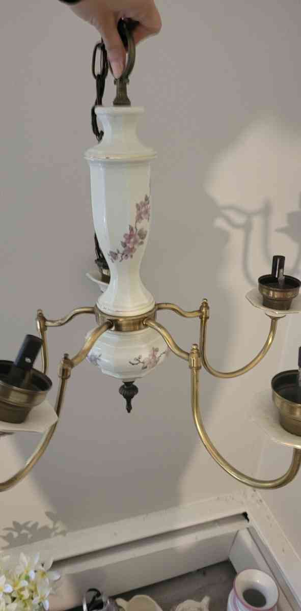 antique porcelian and brass flower chandelior