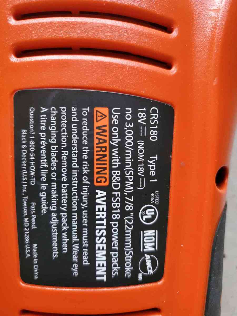 18V Reciprocating Saw  No Battery Or Charger  Black  Decker