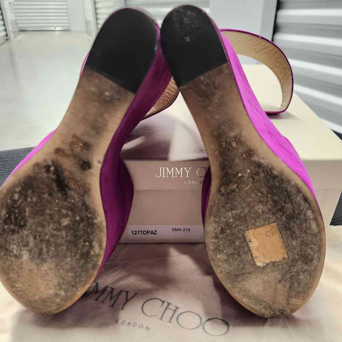 Jimmy CHOO Preloved Fushia Suede Metallic Leather TOPAZ 5in