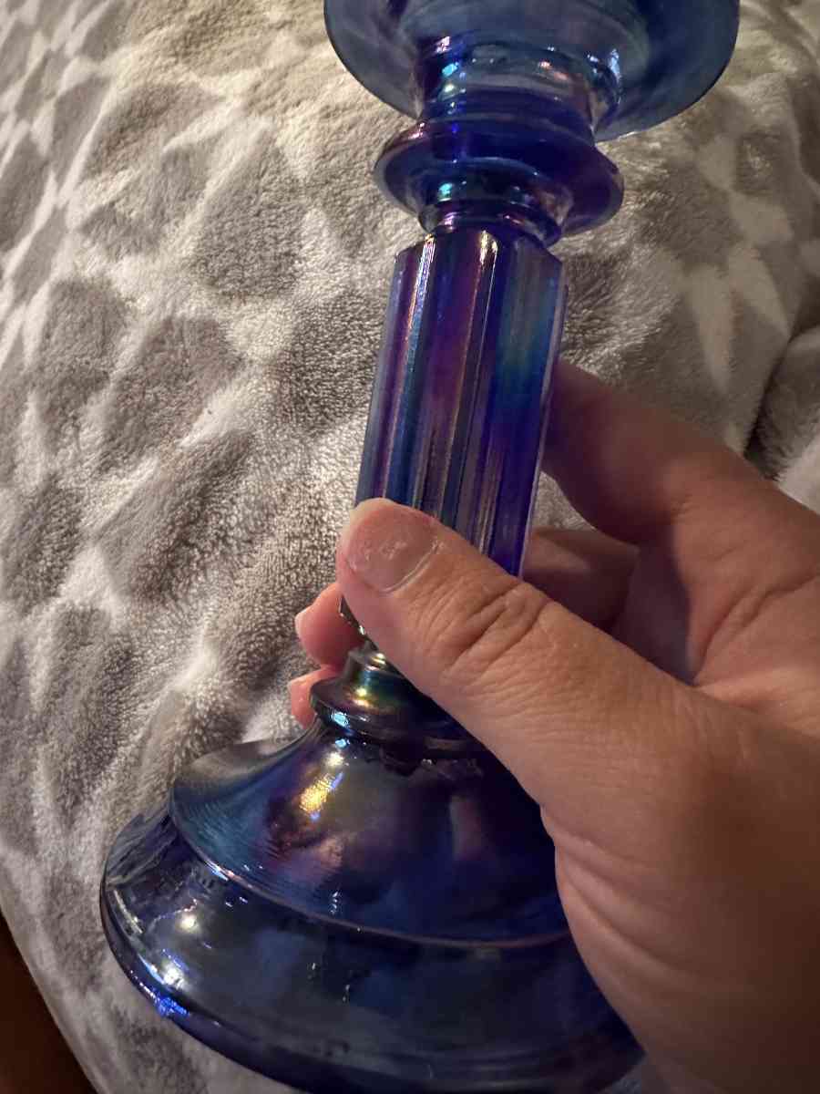 blue iridescent glass candle holders