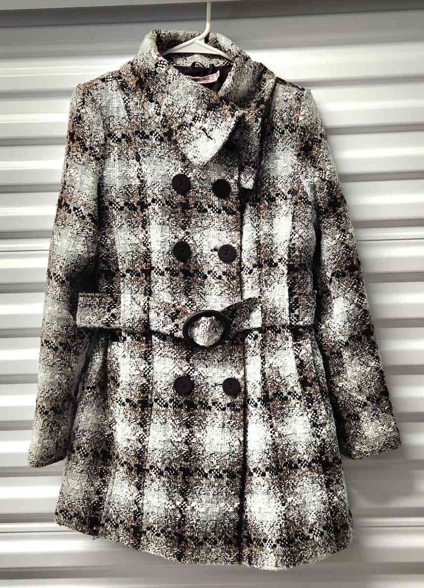 Pura Vida Brown and Grey with Gold Tinseling Plaid Peacoat