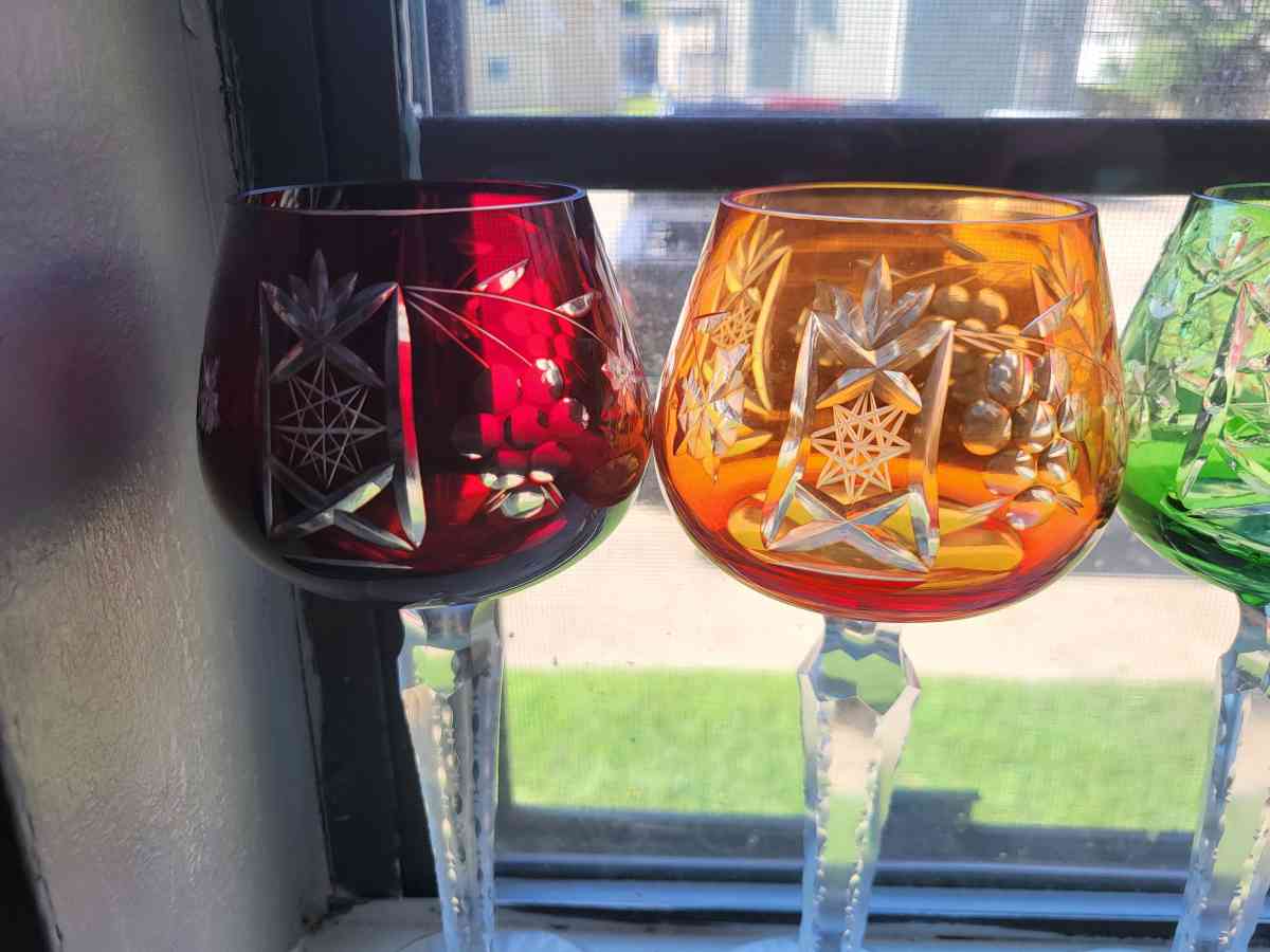 set of 6 1960s BOHEMIAN crystal cut to clear wine glasses