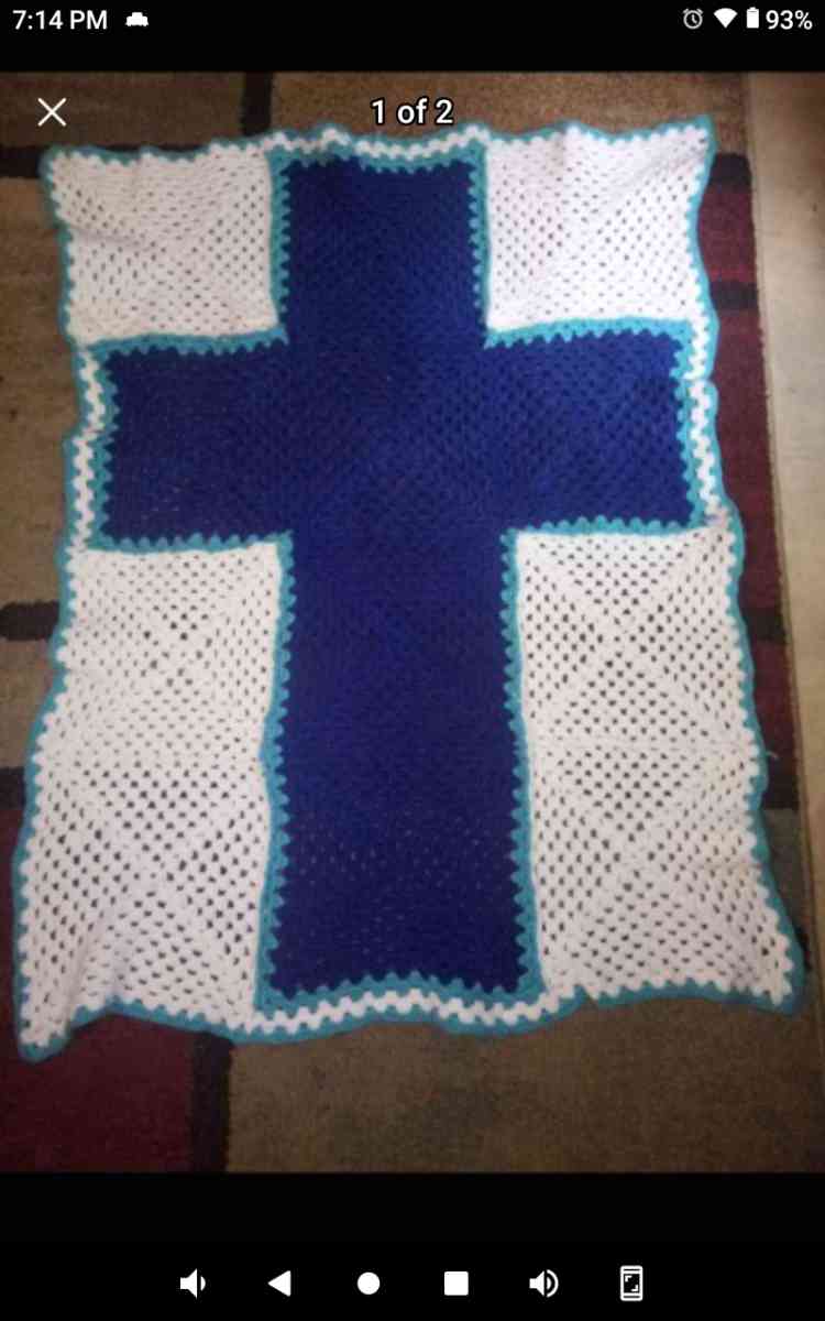 handmade crochet blue cross baby blanket