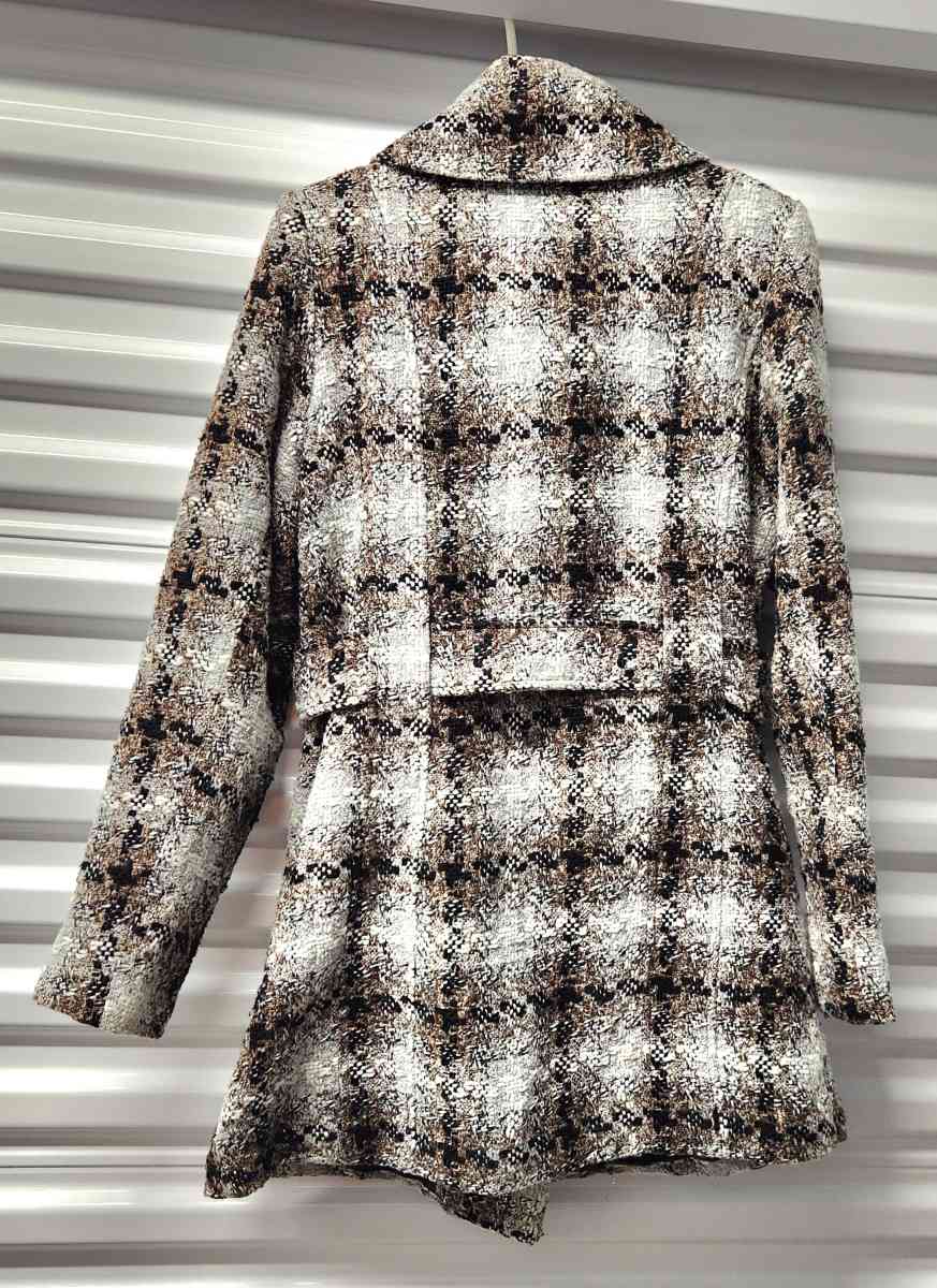 Pura Vida Brown and Grey with Gold Tinseling Plaid Peacoat