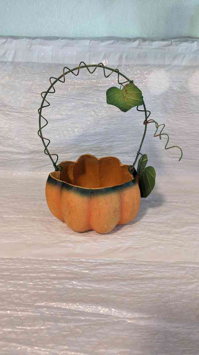 Orange And Green Paper Mache Pumpkin Basket with a Green Met