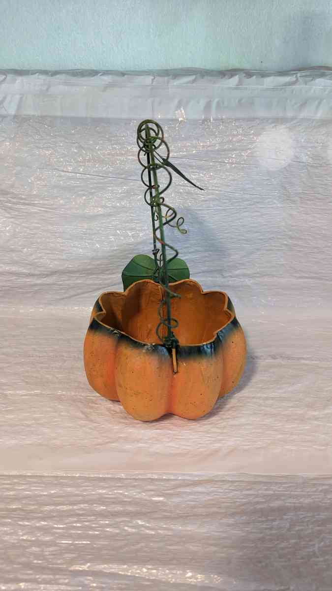 Orange And Green Paper Mache Pumpkin Basket with a Green Met