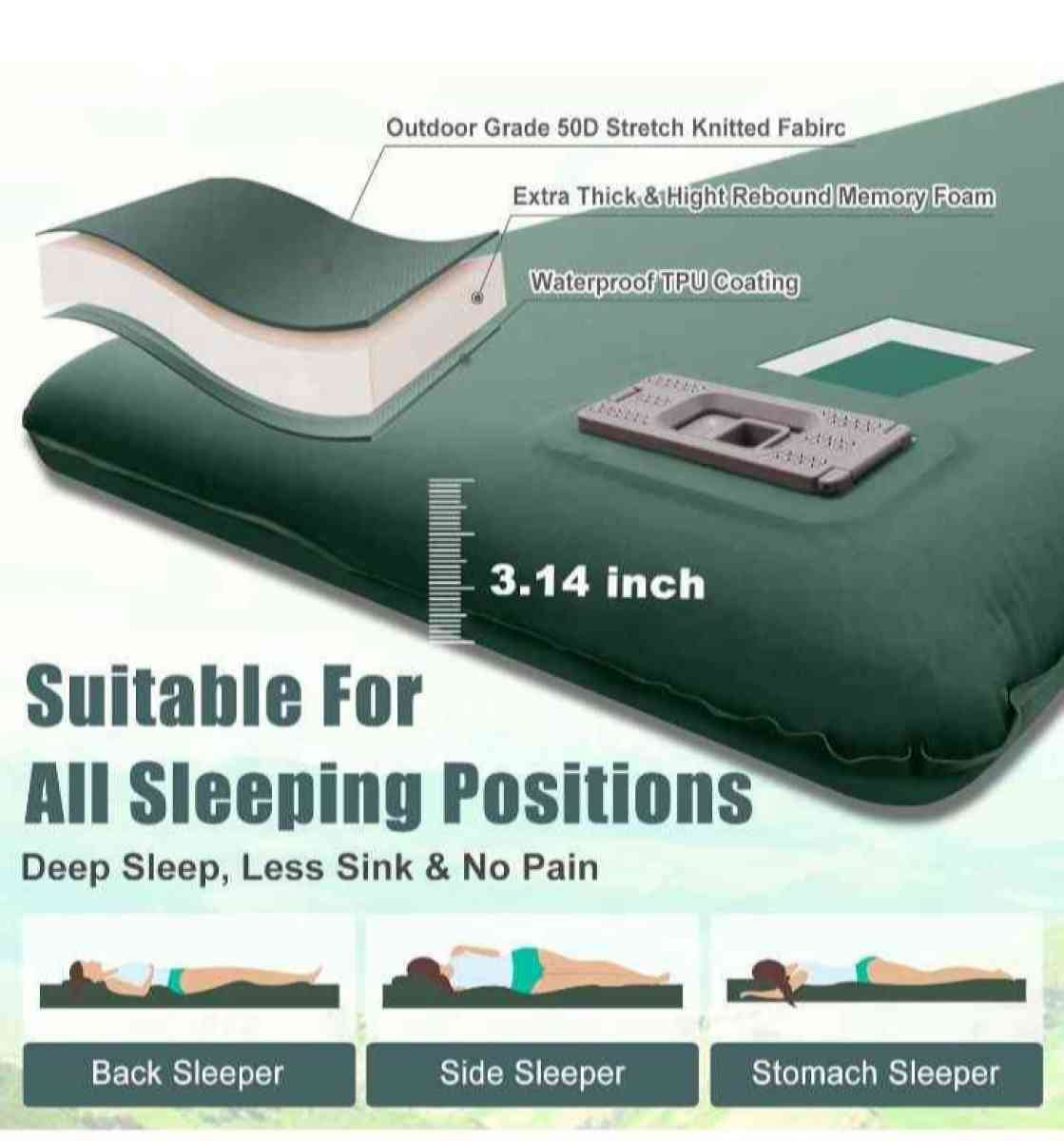 Green Self Inflating Sleeping Pad with Electric Pump
