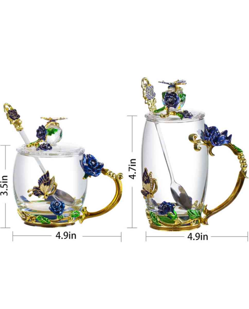 glass tea cup with lids 2pack blue rose butterfly set