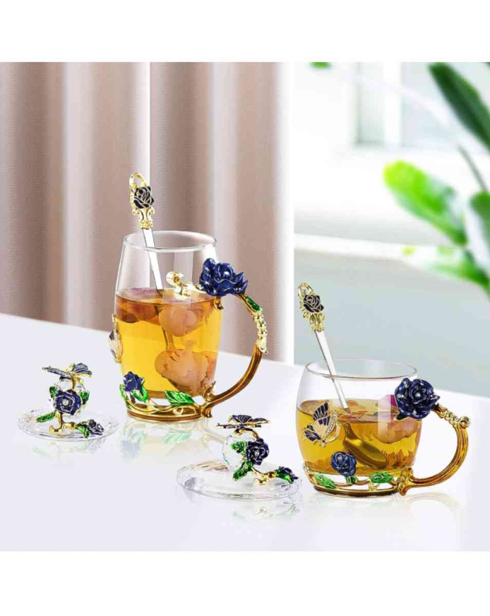 glass tea cup with lids 2pack blue rose butterfly set