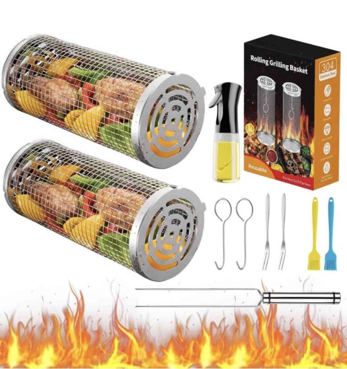 Rolling Grilling Baskets for Outdoor Grill Bbq