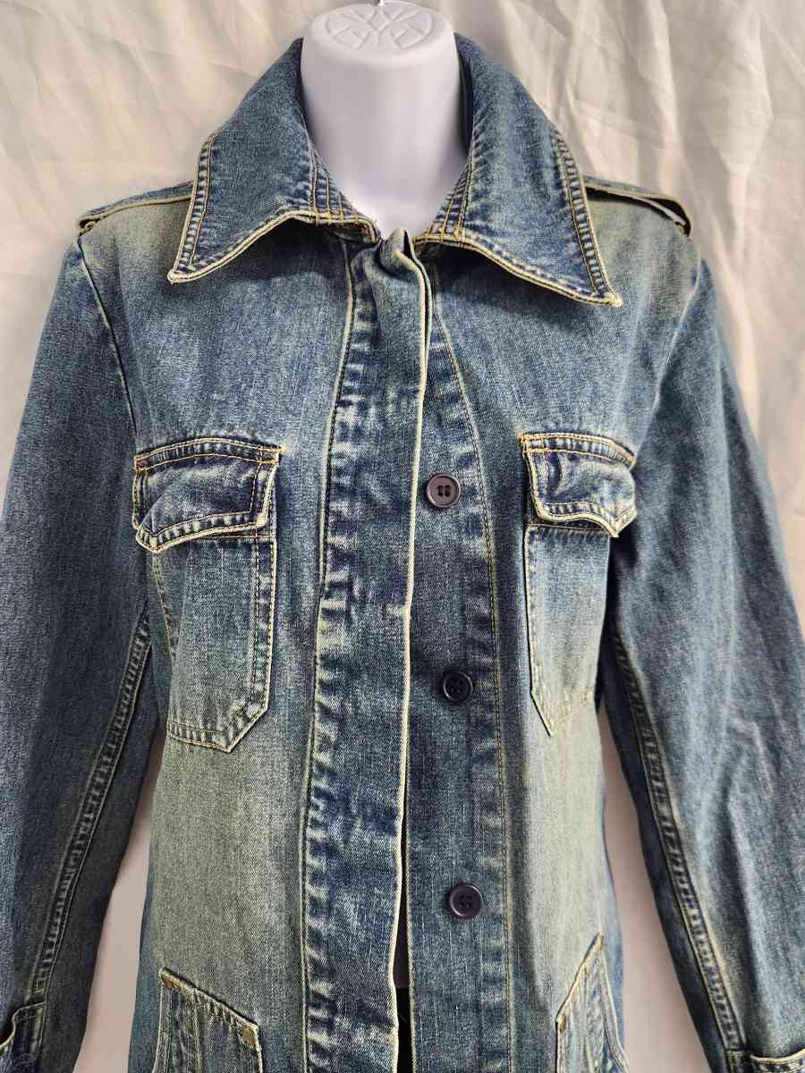Vintage CoffeeShop Distressed Denim Mid Length Trench Coat