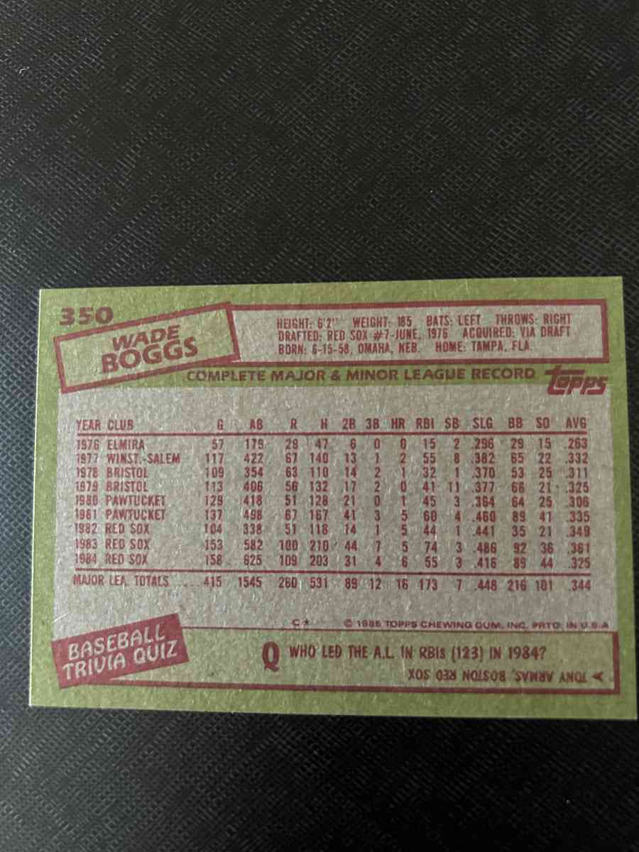 1985 Topps Wade Boggs baseball card