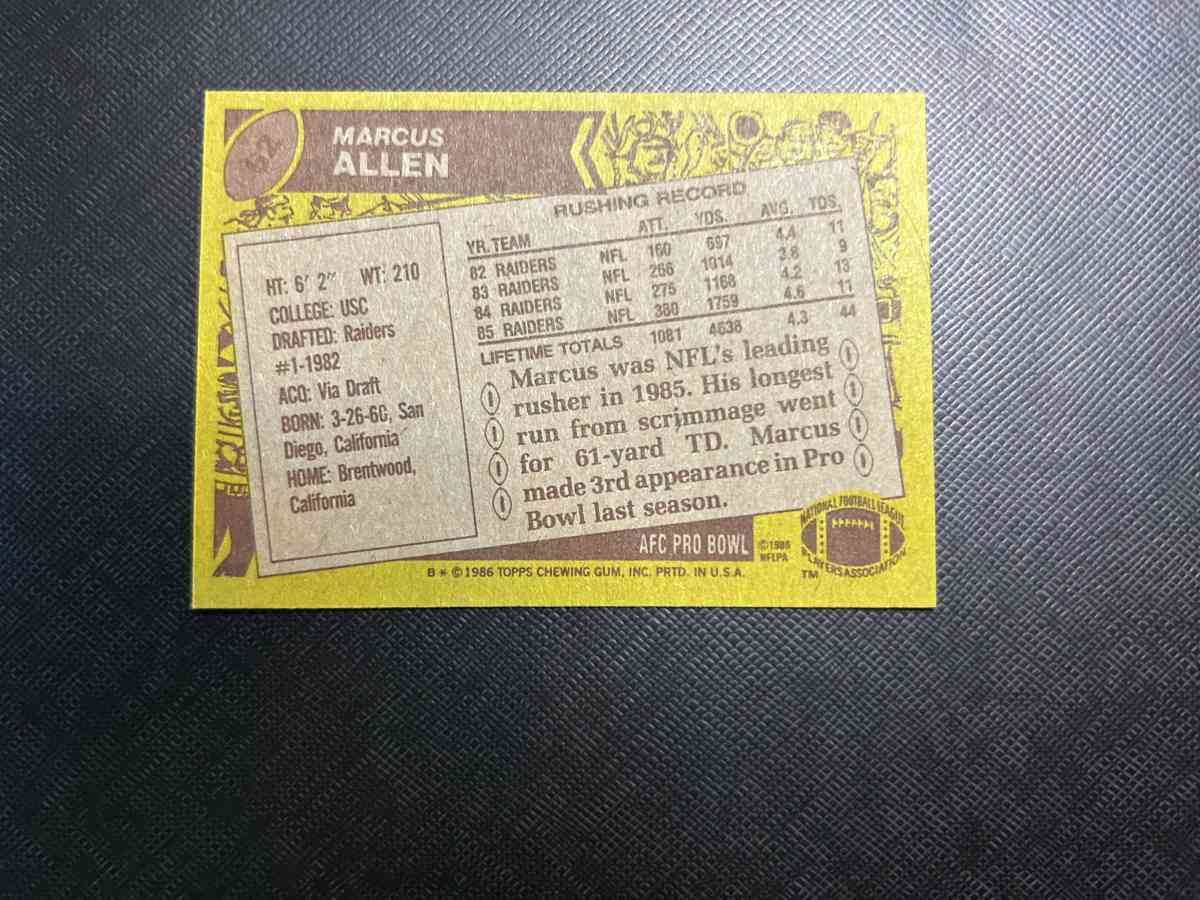 1986 Topps Marcus Allen Football Card