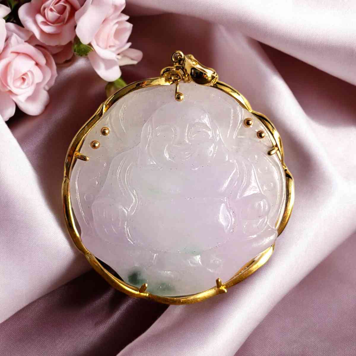 natural jade lavender Buddha Pendant in 14 kt gold frame