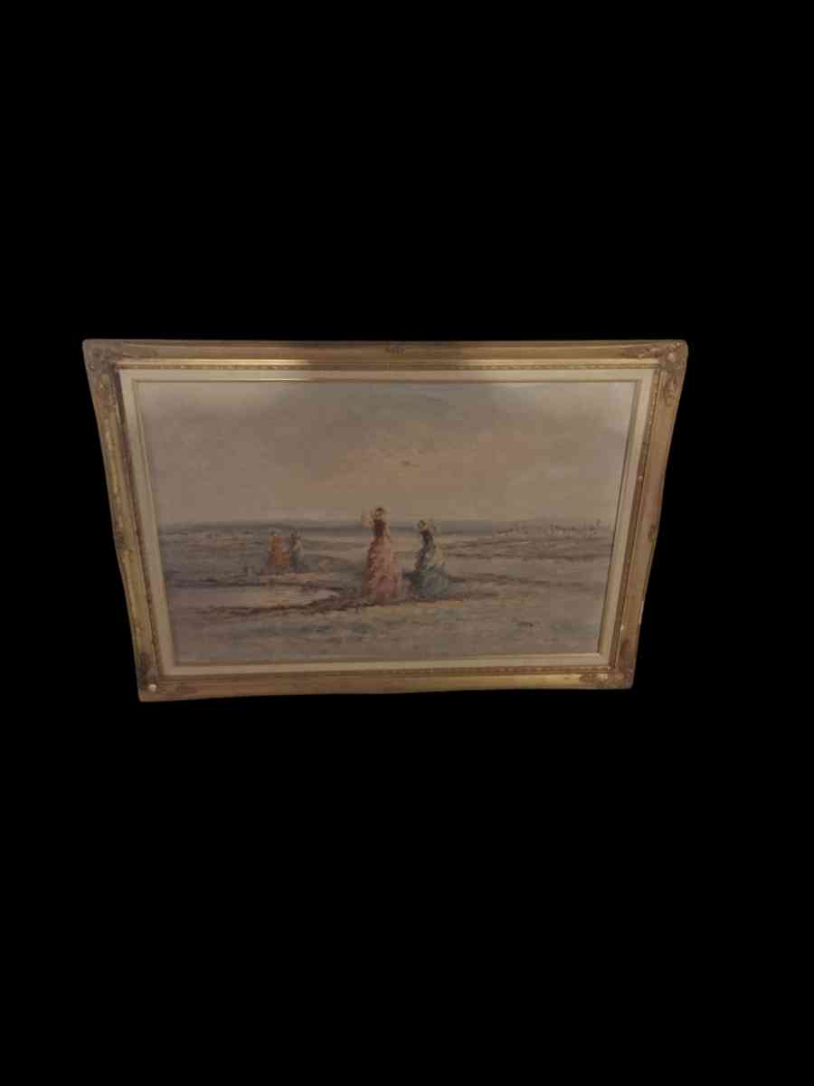 antique oil painting depicting two women looking at the sea