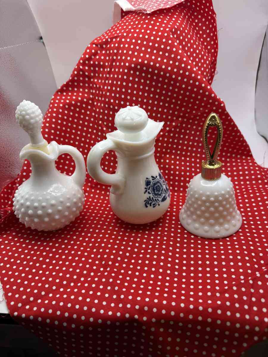 1049Three Avon Milk Glass Containers Two Pitchers  Bell