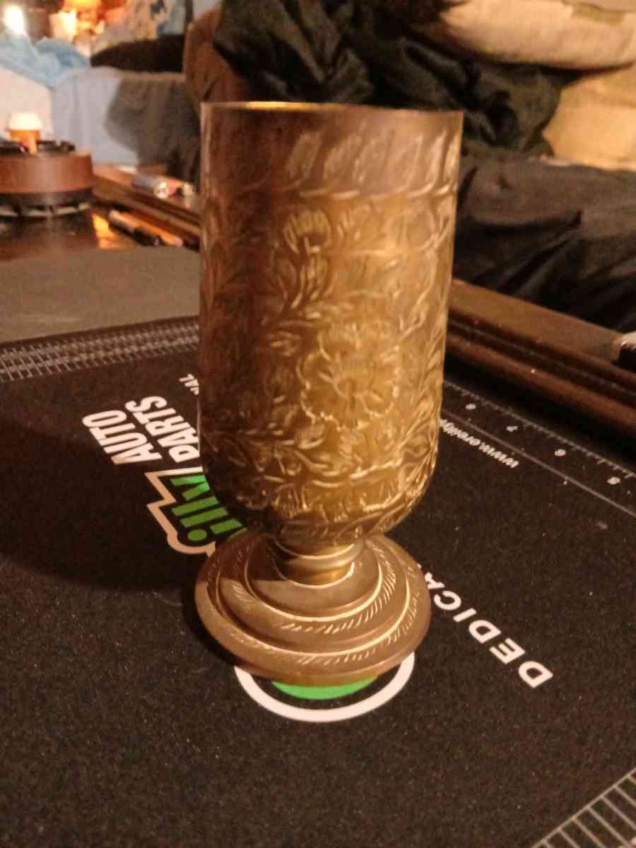 Vintage Floral Etched Brass Footed Vase Goblet Made in India