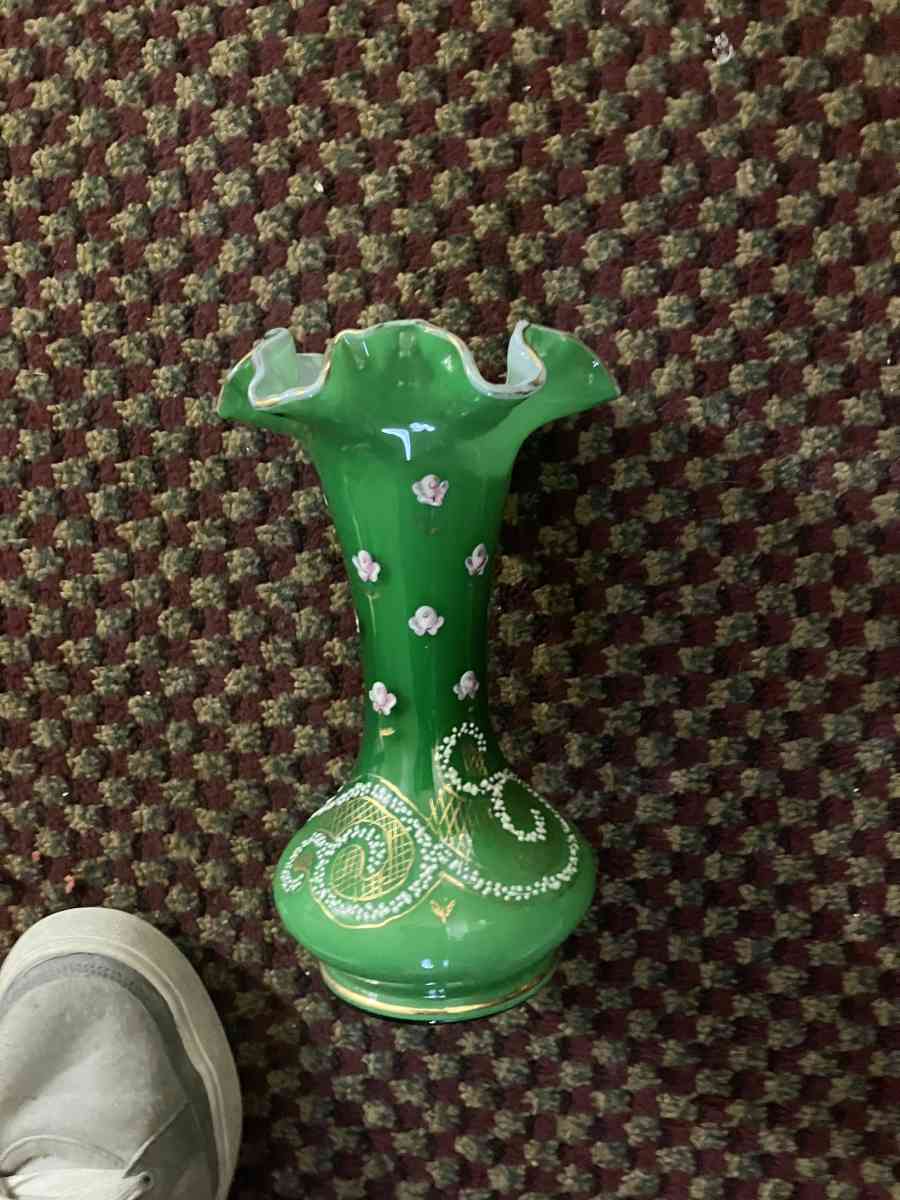 green hand painted floral vase