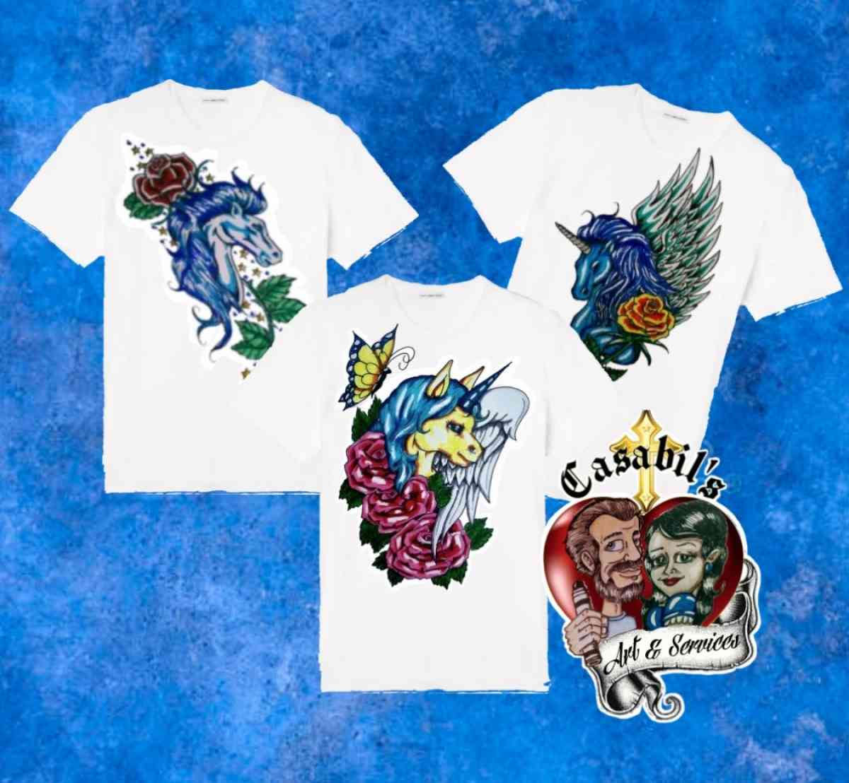 Hand drawn designs on T shirts