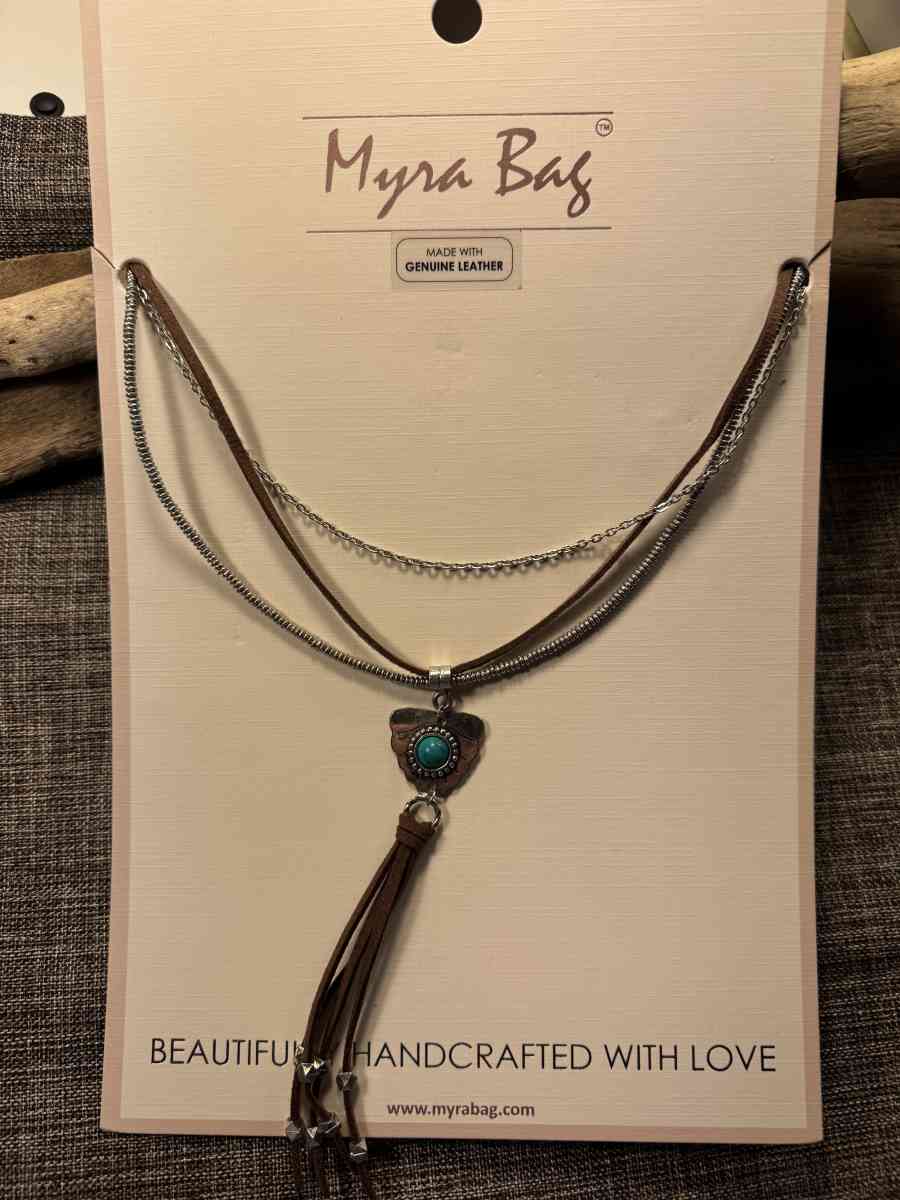 3003PTSO Myra Bag Feather Shield Stacked Necklace Leather  M