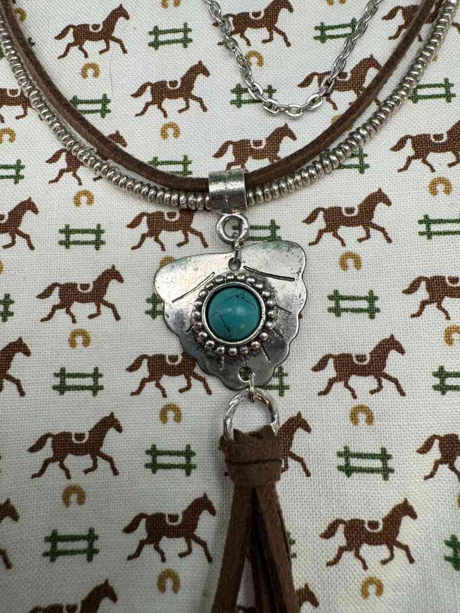 3003PTSO Myra Bag Feather Shield Stacked Necklace Leather  M