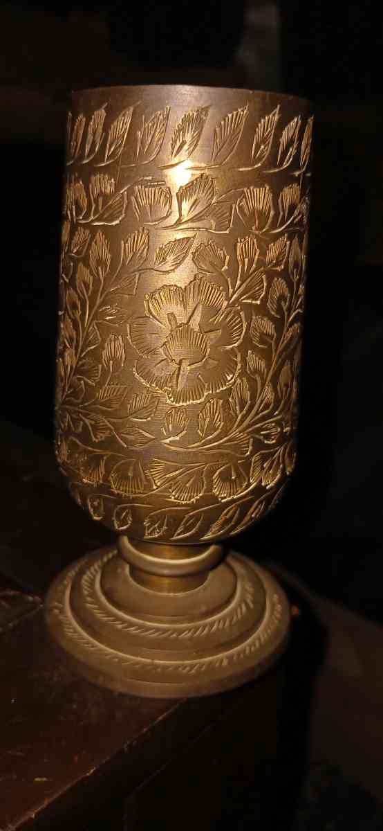 Vintage Floral Etched Brass Footed Vase Goblet Made in India