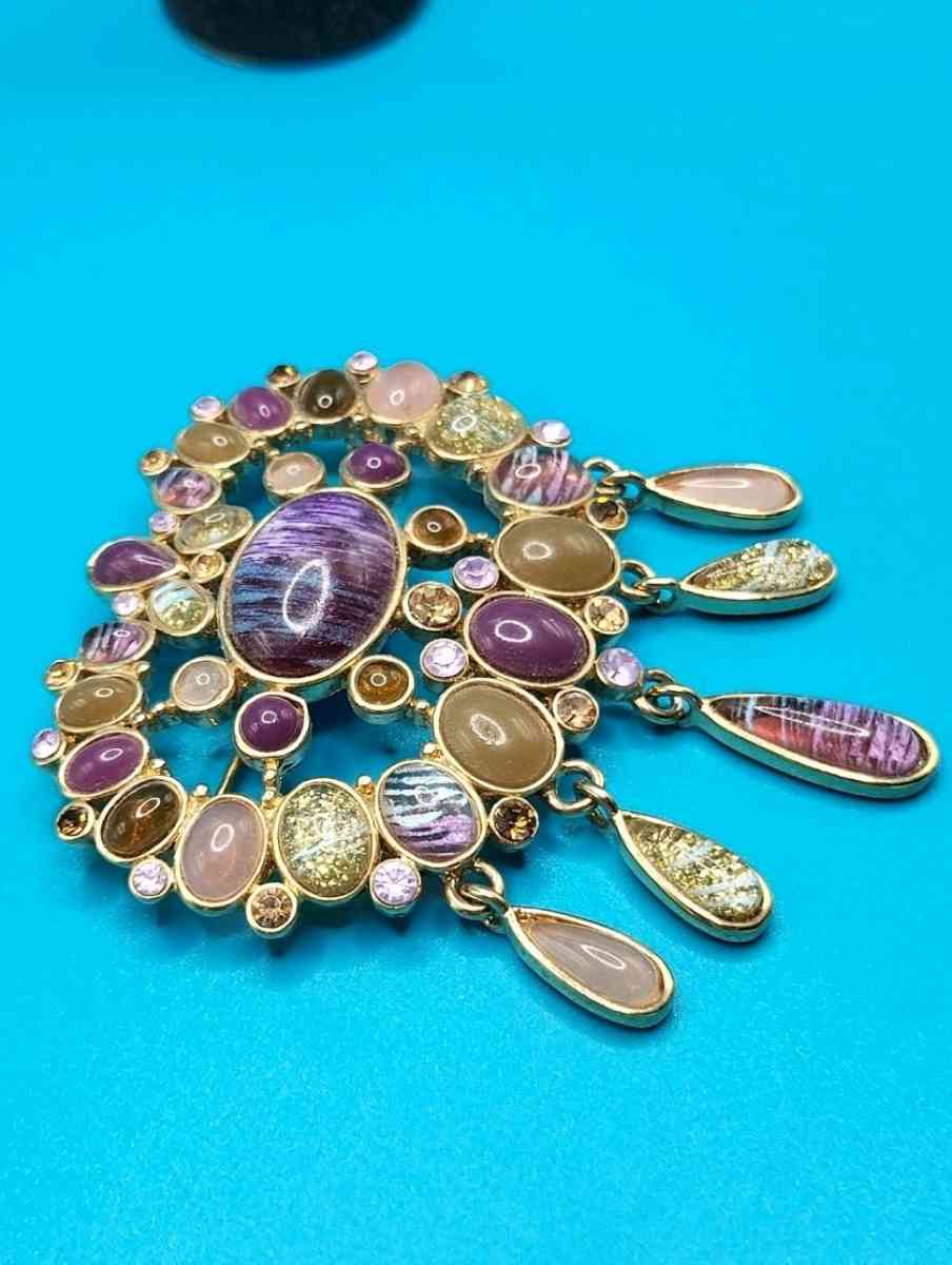 Vintage Heidi Daus Multi Cabochon Beaded Brooch Unsigned