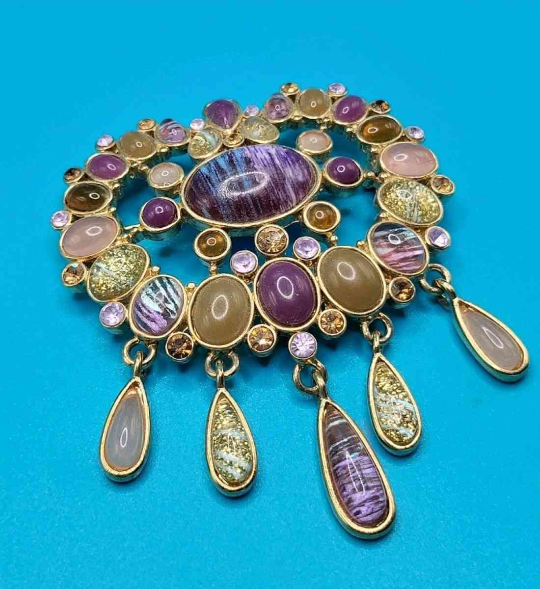 Vintage Heidi Daus Multi Cabochon Beaded Brooch Unsigned
