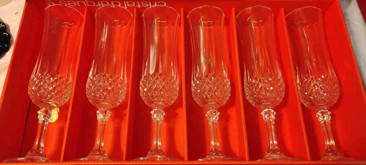 6 Cristal Darques LONGCHAMP Lead Crystal Champagne Flutes