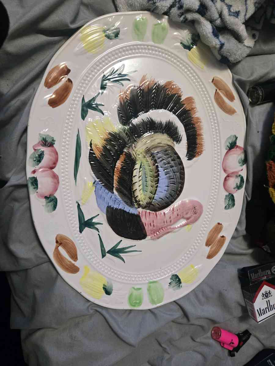 Vintage TURKEY PLATTER  Embossed Ceramic Hand Painted JAPAN