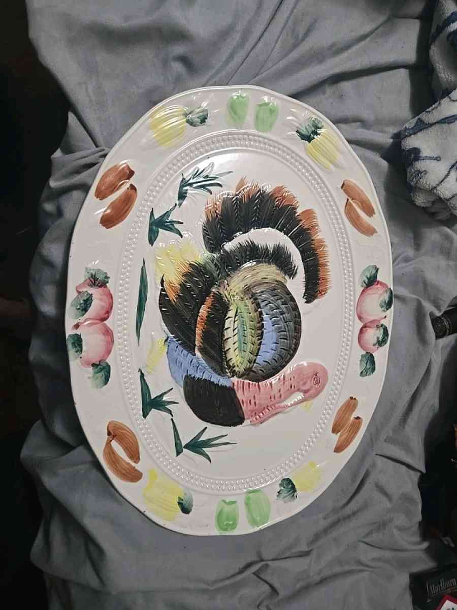 Vintage TURKEY PLATTER  Embossed Ceramic Hand Painted JAPAN
