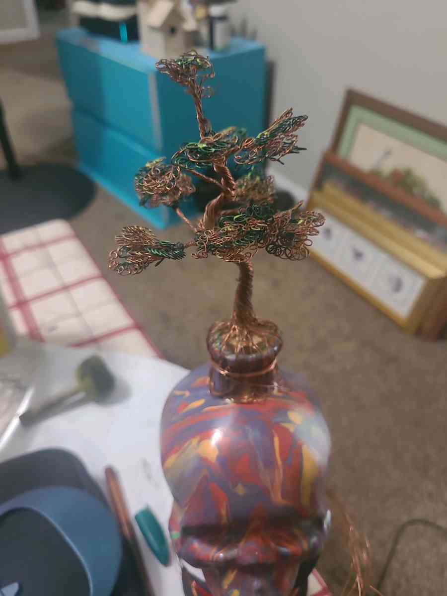 handmade painted skull with copper wire tree