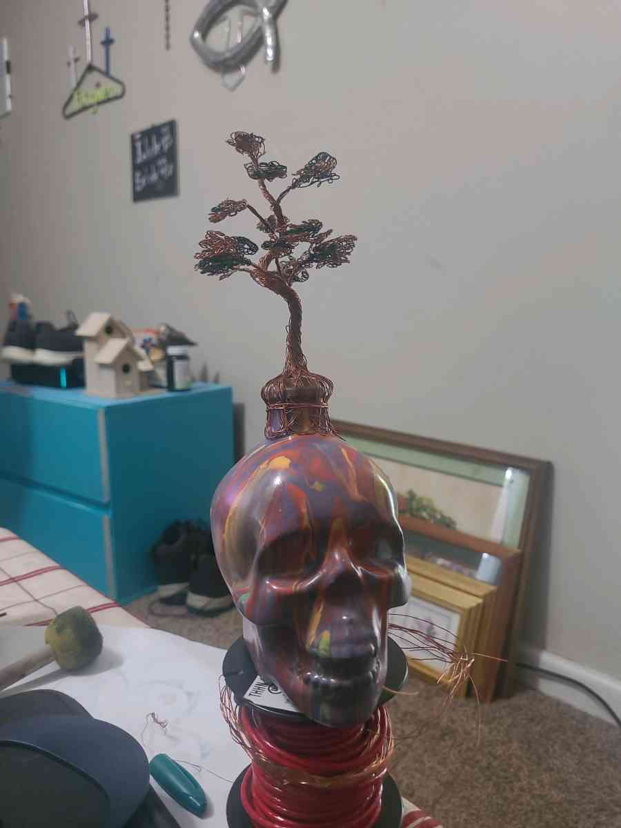 handmade painted skull with copper wire tree