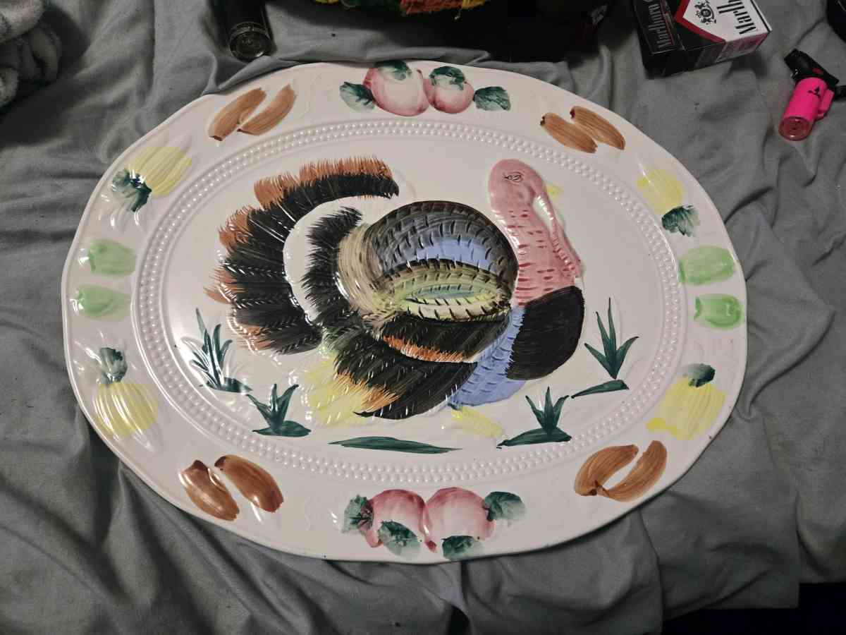 Vintage TURKEY PLATTER  Embossed Ceramic Hand Painted JAPAN