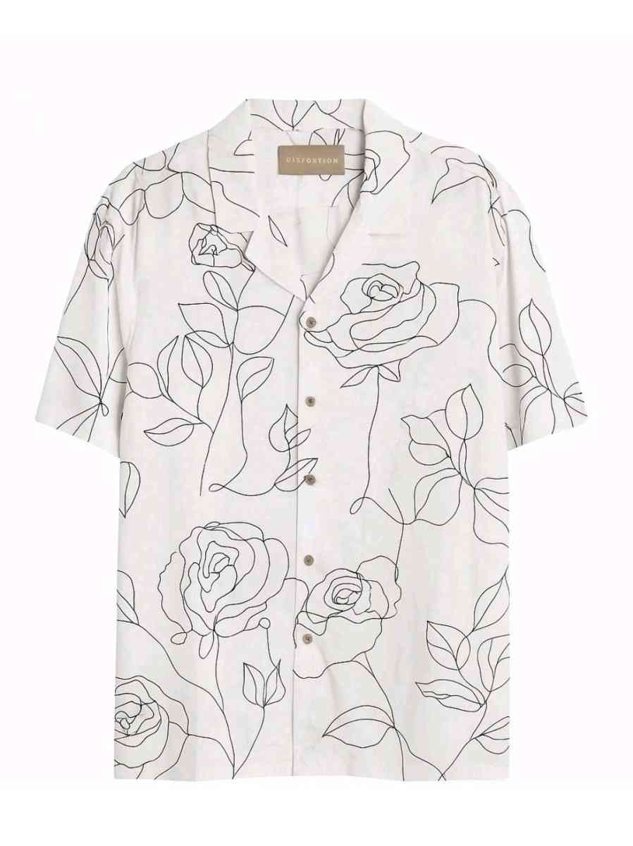 Distortion Mens Floral Line Art ButtonUp Shirt  Size L