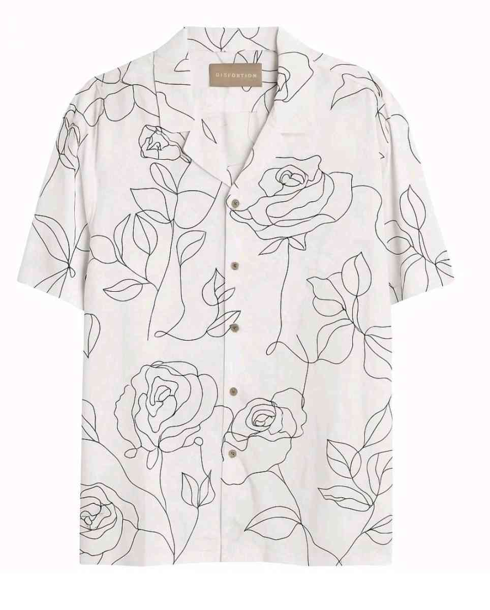 Distortion Mens Floral Line Art ButtonUp Shirt  Size L
