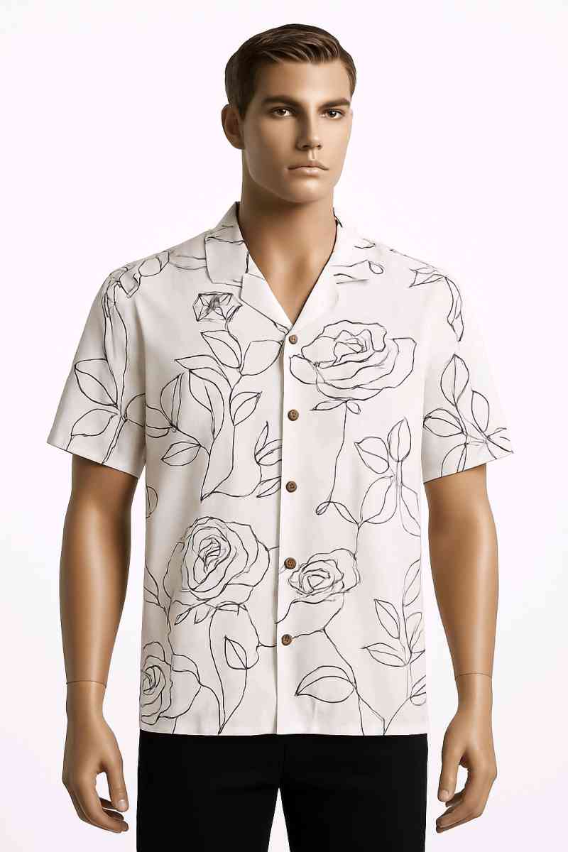 Distortion Mens Floral Line Art ButtonUp Shirt  Size L