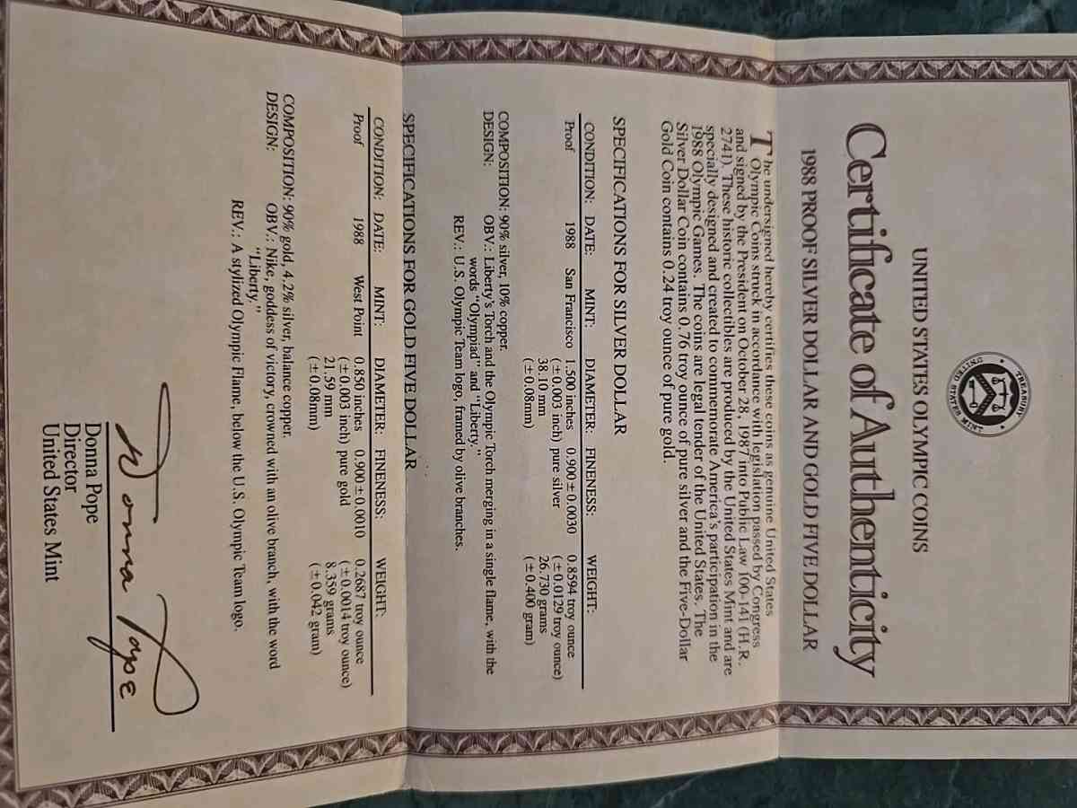 1988 Olympic Coin Set Silver and Gold Mint COA Included