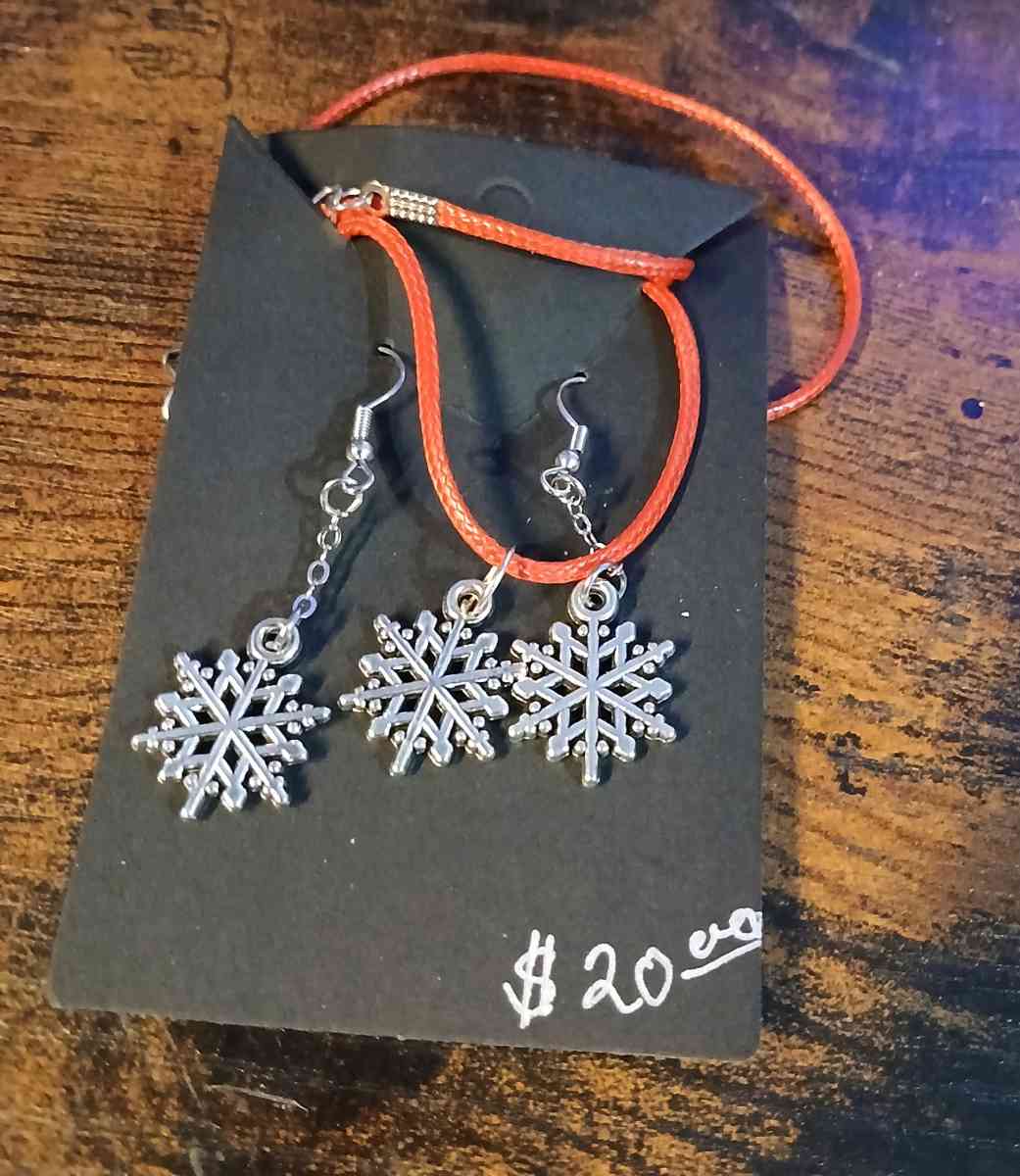Hookstyle Earrings Leather Necklace Set Silver Snowflake