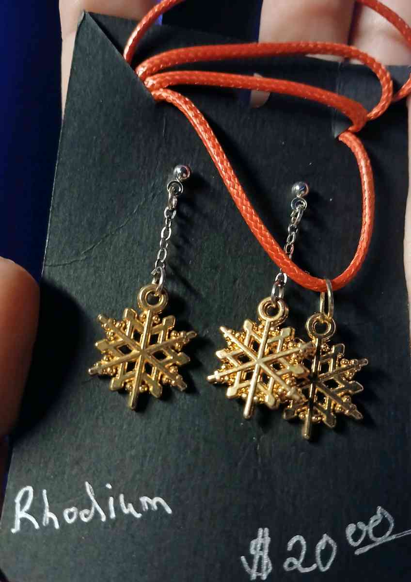 Rhodium Stud Earrings and Necklace with Gold Snowflake Charm