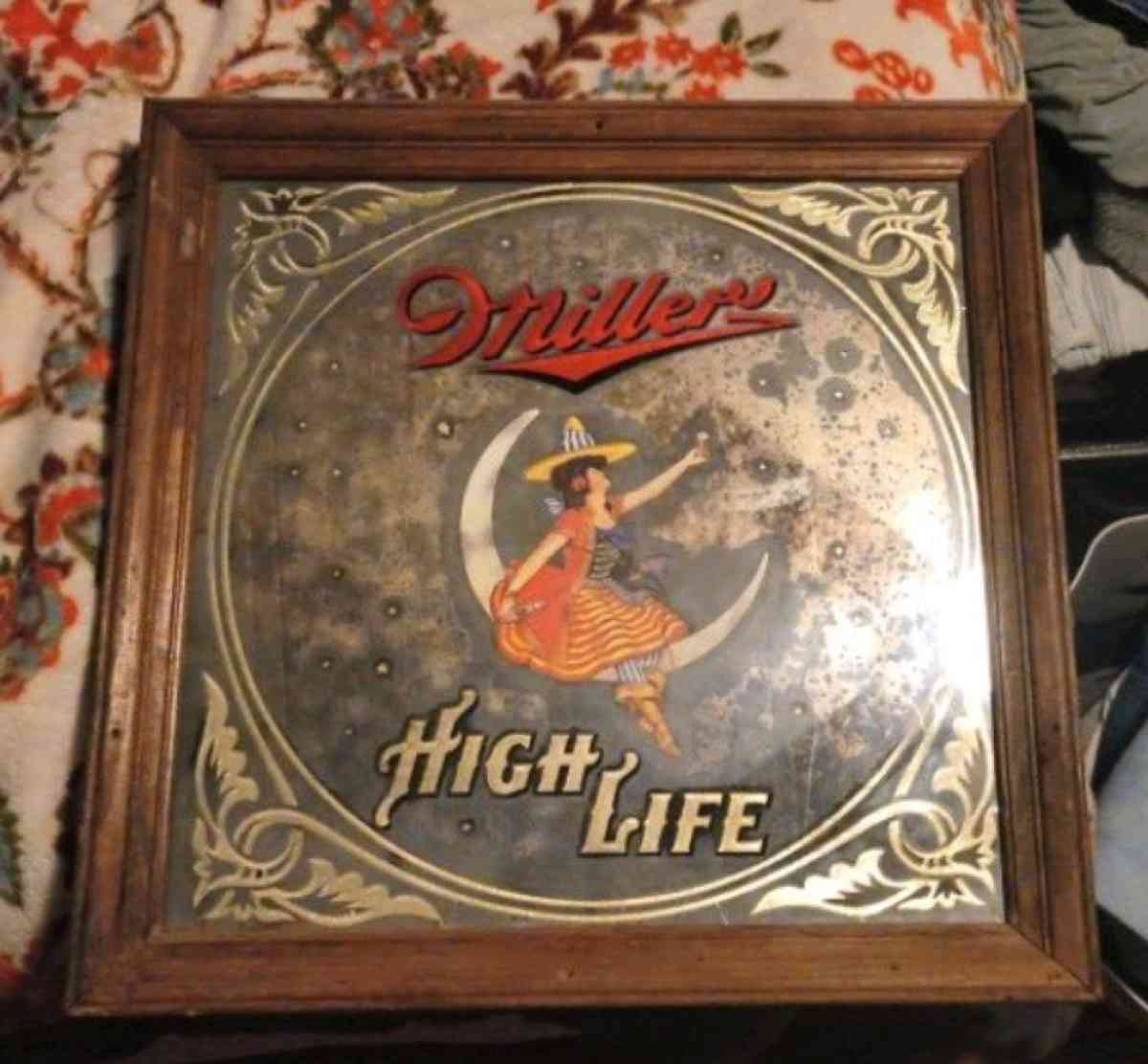 Miller High Life Framed 14 X 14 Mirror Sign Girl On The Moon