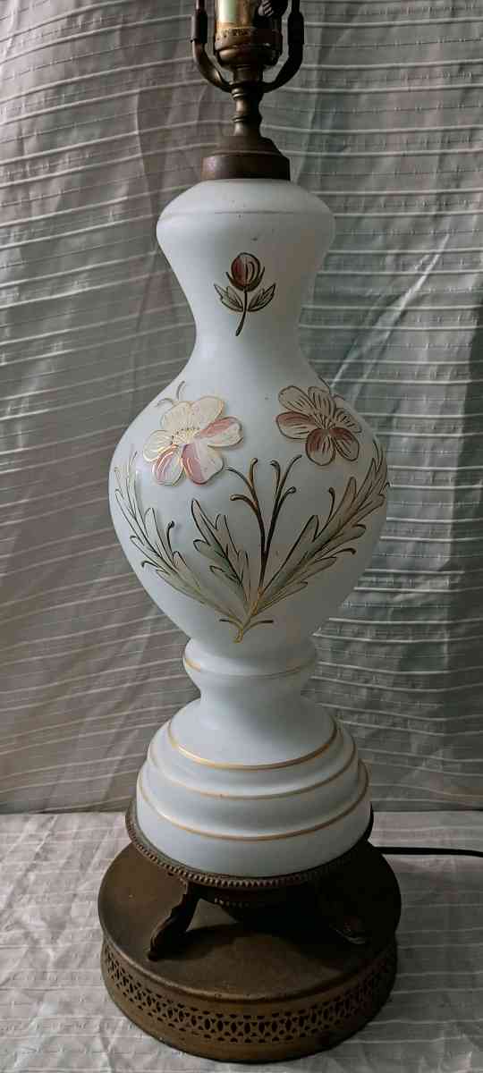 Vintage Bristol Glass Table Lamp White Glass Painted Flowers