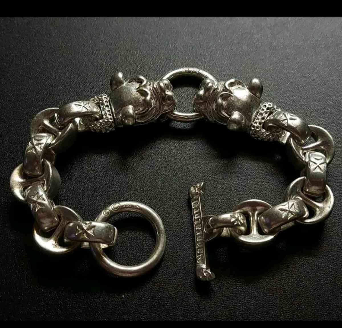 VINTAGE  HANDMADE MIAO TIBETAN TWO HEADS DOG SILVER BRACELET