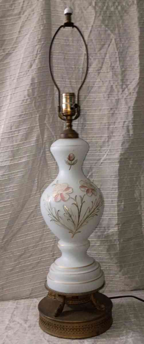 Vintage Bristol Glass Table Lamp White Glass Painted Flowers