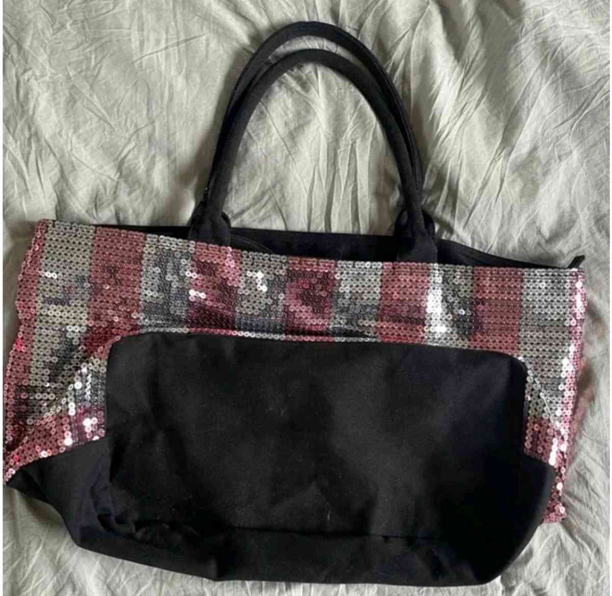 Victorias Secret Sequined Weekender Tote Bag Pink Silver Str
