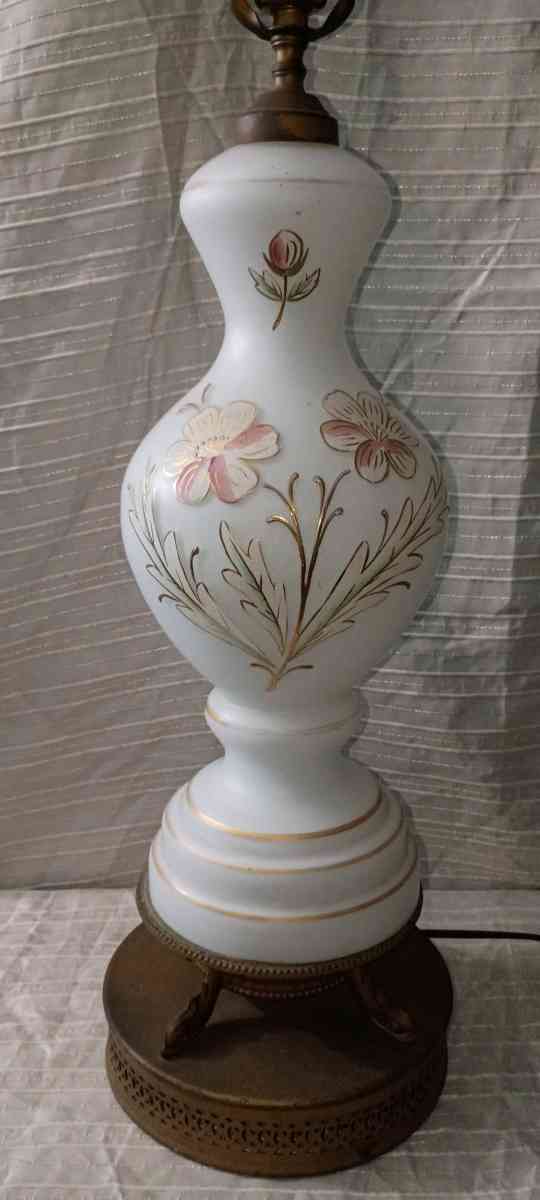 Vintage Bristol Glass Table Lamp White Glass Painted Flowers