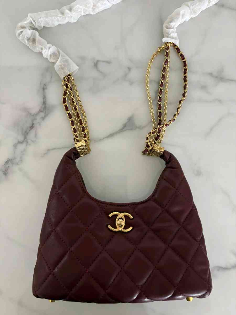 Burgundy Quilted Hobo Bag with Gold Chain  Small Luxe Should